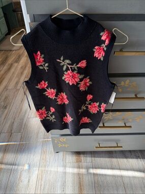 Draper James Black Knit Sleeveless Vest with Pink Floral Embroidery